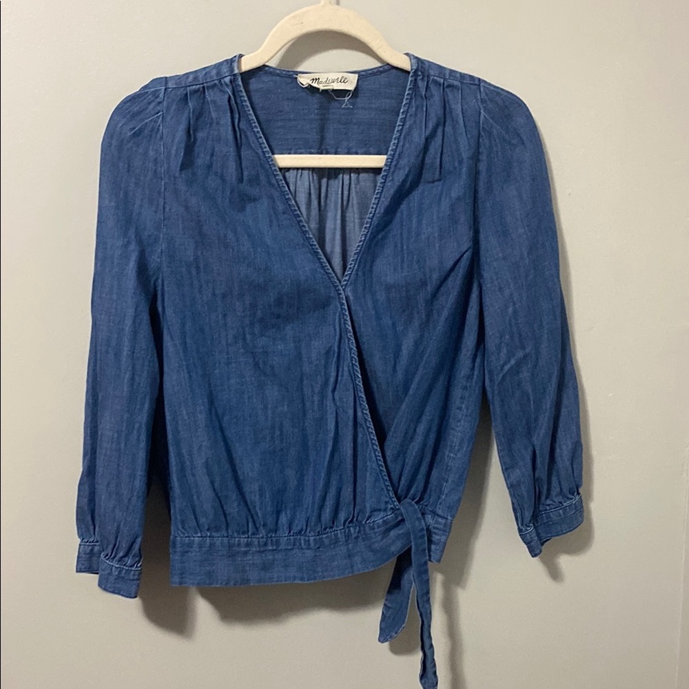 Madewell Blue Wrap Blouse with 3/4 Sleeves